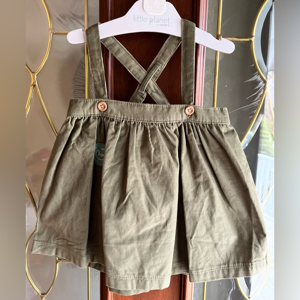 NWT Carters Little Planet Olive Green Corduroy Pinafore Style Skirt Size 12M